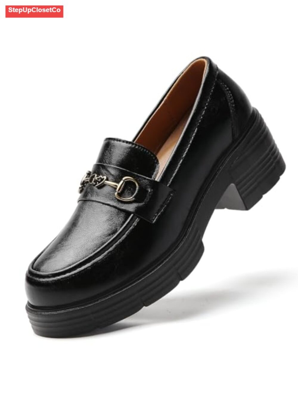 Faux Leather Horsebit Platform Loafers for Women - Chunky Block Heel Slip On
